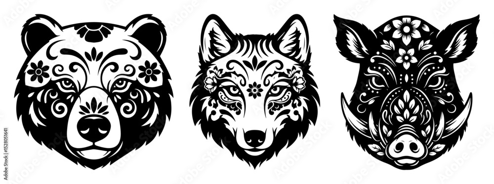 stylized animal faces with floral details stylized animal faces with floral details