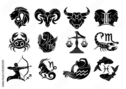 zodiac signs vector icon collection set silhouuette 
