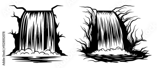 waterfall nature landscape vector set