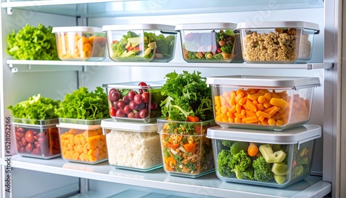 Affordable meal prep concept. Fresh produce organized in clear containers on a refrigerator shelf.