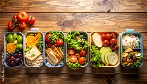 Affordable meal prep concept. Colorful lunch boxes filled with fresh fruits and vegetables on a wooden table.