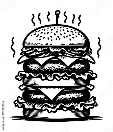 giant burger with layers engraving style