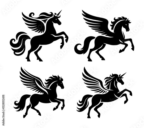 pegasus winged horse silhouette vector set