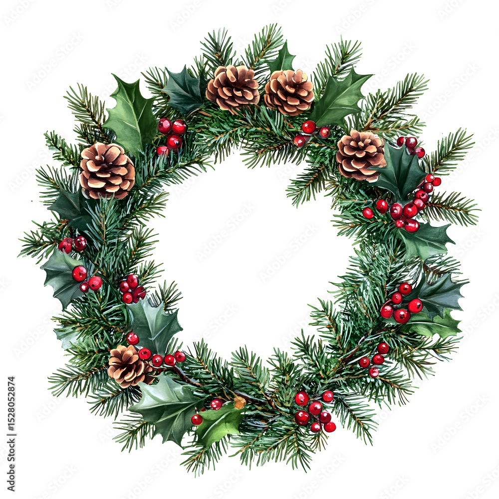 Christmas wreath, evergreen branches, Holly and Ivy, pinecones, on white background. Christmas wreath, evergreen branches, Holly and Ivy, pinecones, on white background.