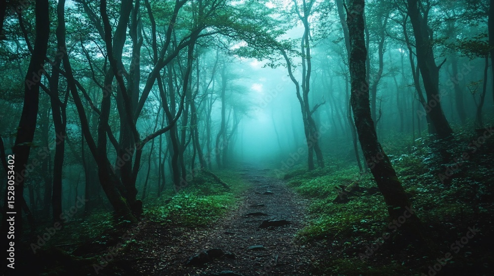 Naklejka premium Misty forest path, tranquil, surreal atmosphere, mysterious landscape, possible use in nature photography