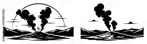 volcano eruption landscape silhouette vector