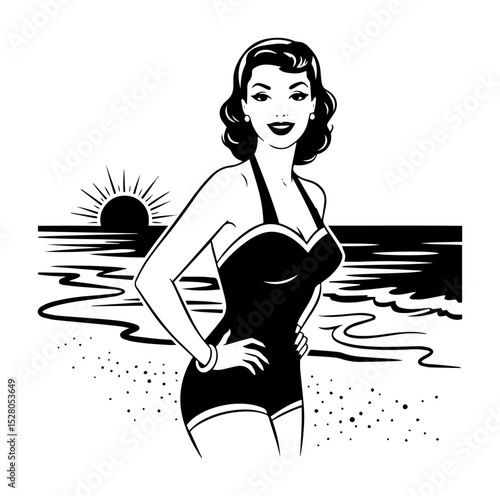 retro pin-up girl on beach illustration