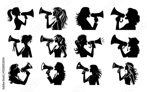 women shouting in megaphone