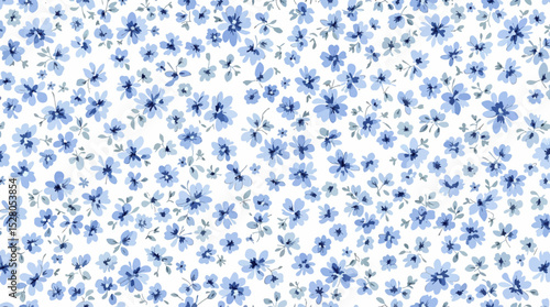 Hand drawn seamless pattern with watercolor flower flowers. Elegant romantic background with blue flower and leaves on a white background	