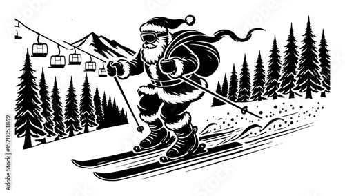 santa claus skiing in winter forest illustration