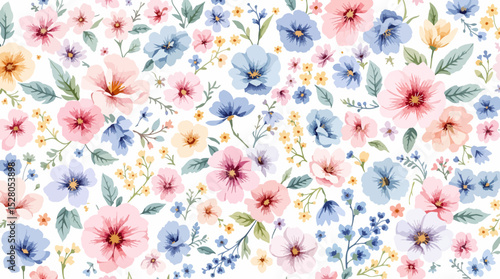 Seamless floral pattern, watercolor background pattern colorful flowers on white background