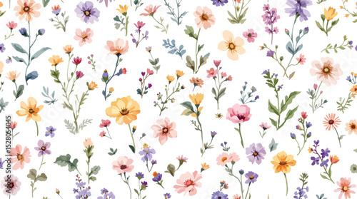 Seamless floral pattern, watercolor background pattern colorful flowers on white background
