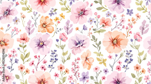 Seamless floral pattern, watercolor background pattern colorful flowers on white background
