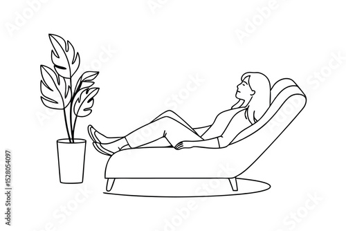Relaxed woman reclining on chaise lounge near a potted plant enjoying leisure