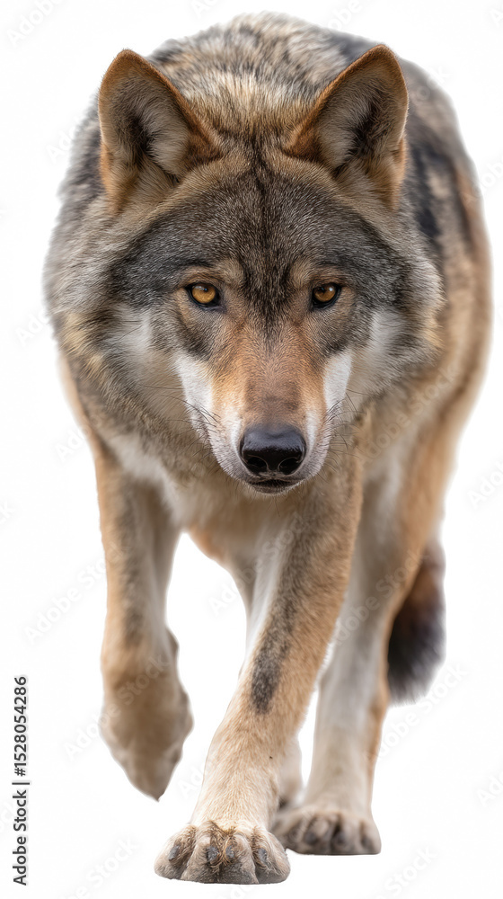 Fototapeta premium Lone Wolf's Focused Stance: A striking wolf, caught mid-stride in a dynamic pose, captivates with its piercing gaze and commanding presence.