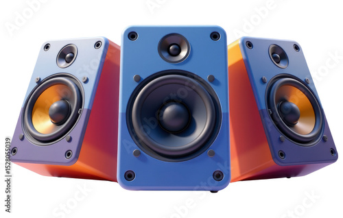 3d isolated transparent background of colorful speakers technology concept studio environment dynamic viewpoint