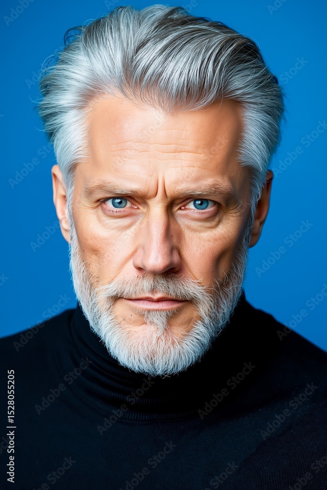 Obraz premium A man with grey hair and a white beard wearing a black turtle neck sweater