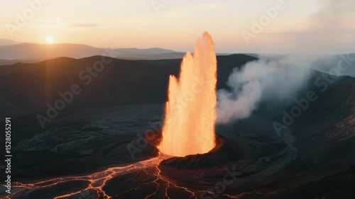 Aerial sunrise orbit around a volcano erupts violently with a massive lava and ash explosion, sparks, and debris shooting skyward. Perfect for natural disaster, danger, or cinematic scenes.