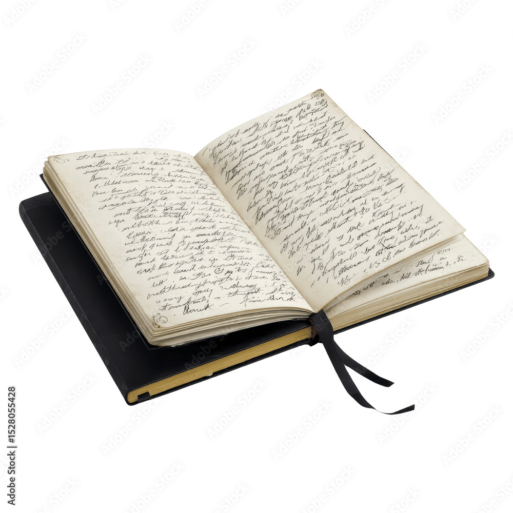 Obraz premium Antique Journal Open, Handwritten Script, Vintage Book, Black Cover