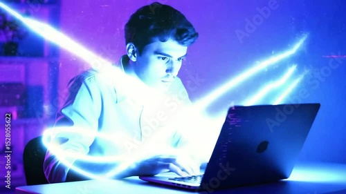 A man works at night as glowing glitchy neon lines burst from his laptop, wrapping around him while the camera pans sideways. Perfect for cyber, coding, or digital overload concepts.