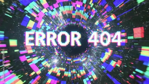 Vibrant video of ERROR 404 text distorting and reappearing with glitch noise as a circular digital interface spins and freezes. Perfect for technology, coding, or cyber failure visuals.