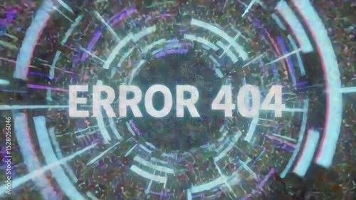 Dynamic video of ERROR 404 text vibrating with glitch trails, pixel sparks, and flashing data patterns. Ideal for technology, cybersecurity, or digital failure themed projects.