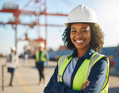 African American woman wearing hardhat working in harbor as industrial worker or engineer