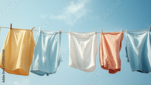This bright, cheerful image captures a line of colorful clothing hanging against a clear blue sky, radiating joy and warmth of a sunny day filled with possibilities.
