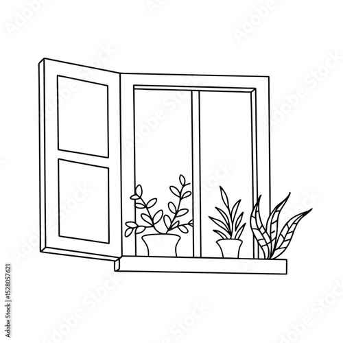Simple minimalist black and white line art illustration of window and potted plants