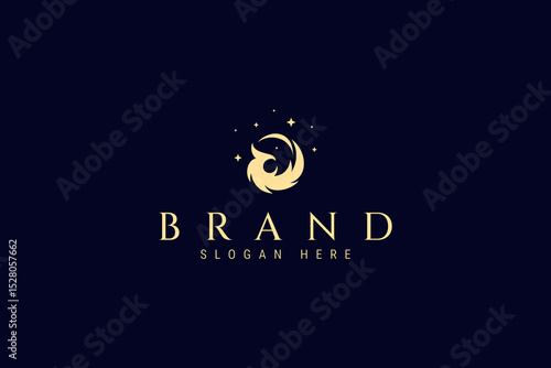 Vector gold logo abstract image of Phoenix bird decorated with stars
