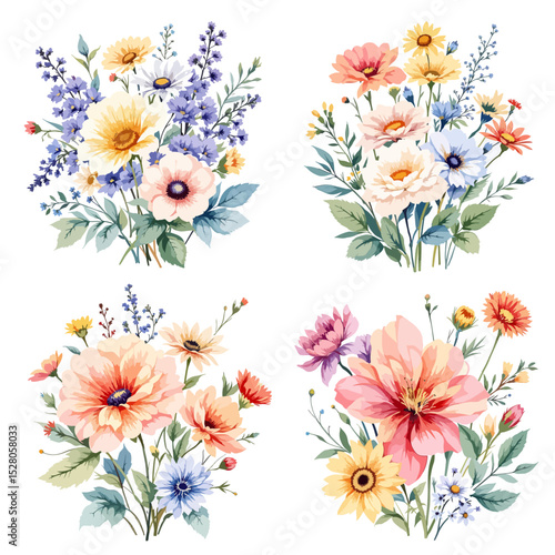 Watercolor botanical illustration showcasing diverse flowers and foliage art
