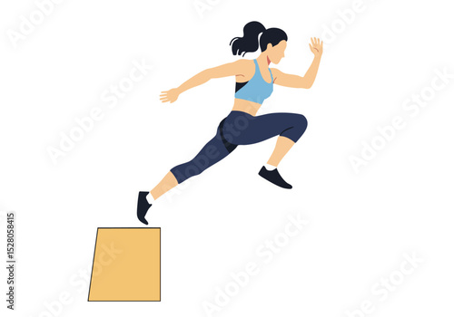 A dynamic illustration of a woman jumping over a box, showcasing fitness and energy. Bold colors and a modern style create a visually appealing workout image.