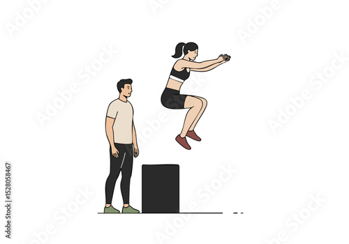 dynamic illustration depicts a woman performing a trainer jump with a man observing Clean lines and minimalist style create a modern energetic visual Suitable for fitness and wellness campaigns