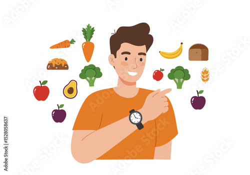 A smiling young man points to a selection of healthy foods, promoting a balanced diet. Clean, modern illustration with a focus on wellness and nutrition. Ideal for health and lifestyle content.