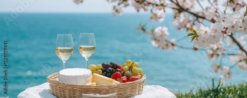 A picnic basket with cheese, grapes, and berries sits on a lace cloth by the water under blooming cherry blossoms.