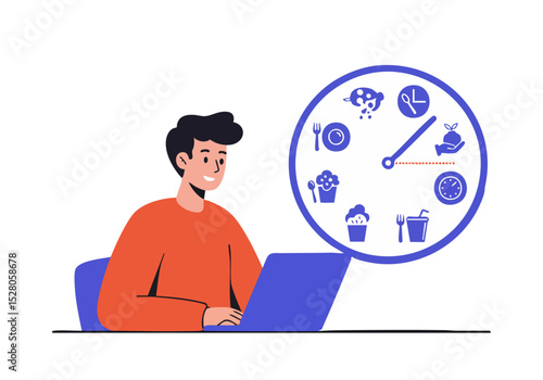 A young man uses a laptop, visualizing a meal plan. A clock overlay displays food icons, suggesting healthy eating and time management. Modern, flat design illustration.
