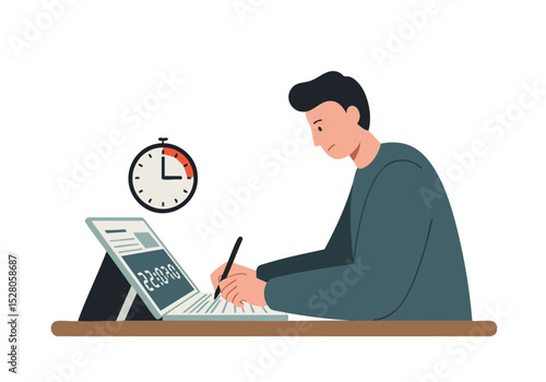 A young man works late on a laptop, illuminated by the clock displaying 3:00 AM. He appears focused, suggesting a late-night work schedule. Modern, minimalist style.