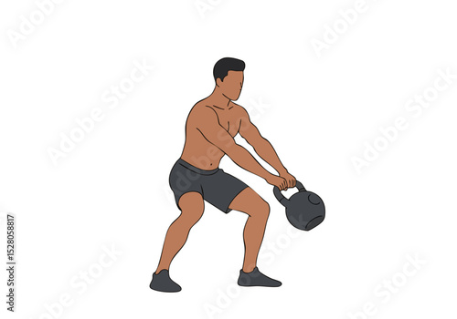 A muscular man performs a kettlebell goblet squat, showcasing strength and fitness. Dynamic pose, clean lines, and a modern aesthetic. Ideal for health and wellness visuals.