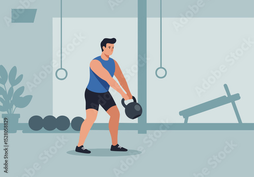 A muscular man performs a kettlebell swing in a modern gym. Clean lines, bright lighting, and a focus on fitness. Ideal for health and wellness visuals.