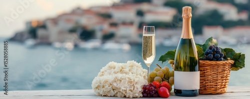 A bottle of sparkling wine with a filled flute glass, grapes, and white flowers set on a table overlooking a blurred coastal town by the water.