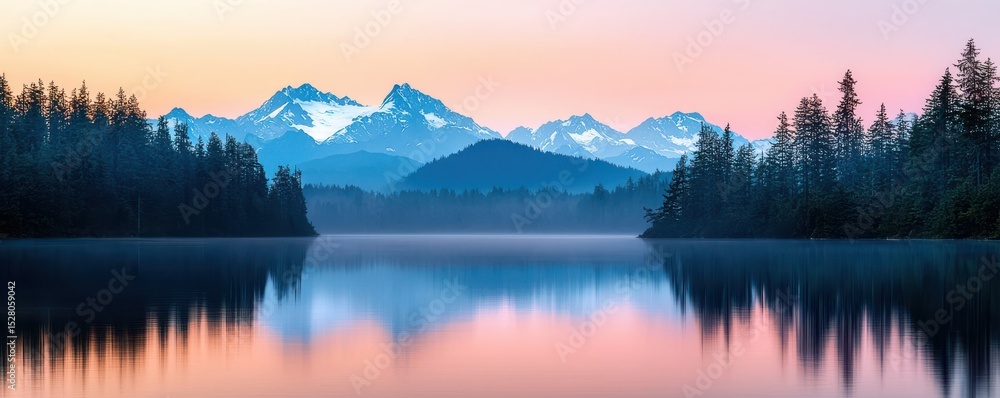 Fototapeta premium A serene lake at sunrise reflects silhouetted pine trees and distant snow-capped mountains under a pastel-colored sky.
