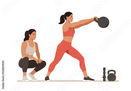 Two women perform a partner kettlebell swing workout. Dynamic action shot, showcasing fitness and camaraderie. Modern, vibrant, and motivational.