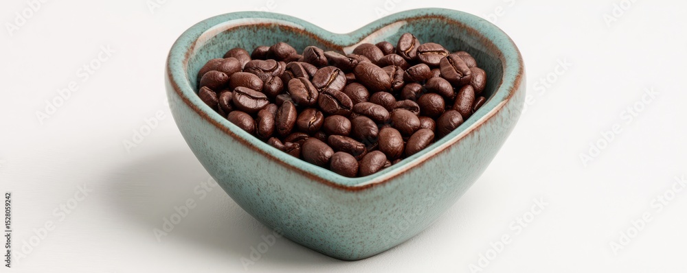 Fototapeta premium Heart-shaped bowl filled with roasted coffee beans on a plain white background.