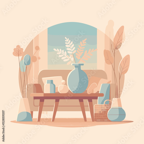 Cozy living room with decorative plants and a wooden coffee table  