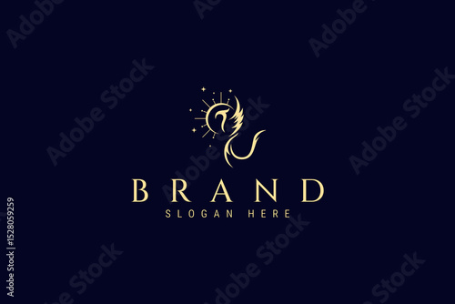 mythological phoenix bird logo with sunshine in gold abstract vector design style