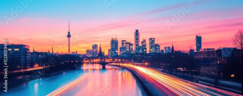 A vibrant city skyline at sunset with illuminated skyscrapers and a river reflecting colorful lights, creating a lively urban atmosphere.