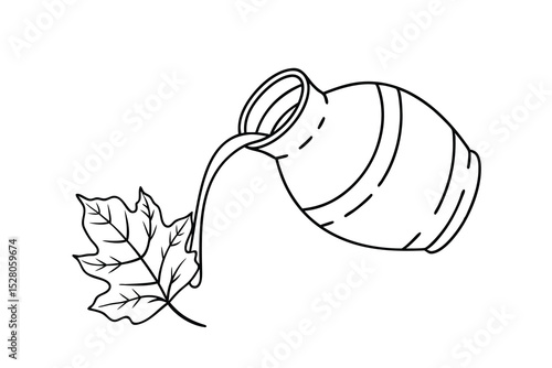 Minimalist illustration of jug pouring water onto a maple leaf in simple outline style