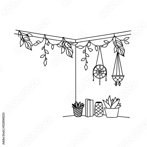Minimalist black and white corner illustration with plants and boho dream catcher design