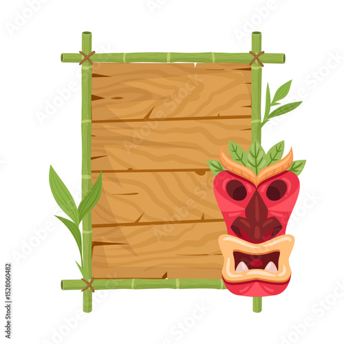 Bamboo tiki tribal mask frame. Totem sign board with wooden mask, totem bamboo frame flat vector illustration. African or hawaiian aboriginal totem on bamboo frame