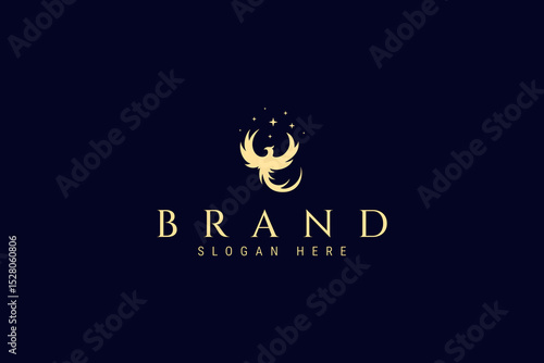 golden phoenix mythological bird logo in flat vector design style decorated with stars